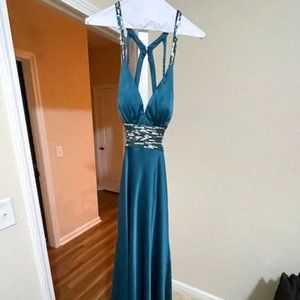 Teal Open Back Beaded Satin Gown or Prom Dress